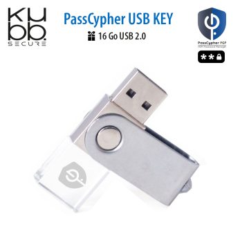 Clé USB PassCypher ouverte en métal et cristal bleu