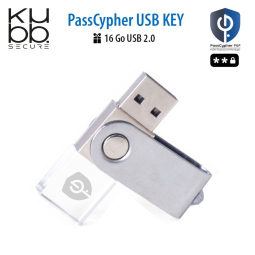 Clé USB PassCypher ouverte en métal et cristal bleu