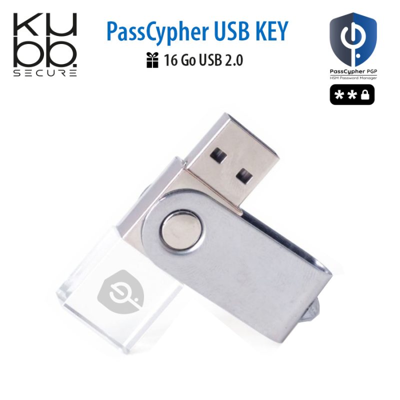 Clé USB PassCypher ouverte en métal et cristal bleu