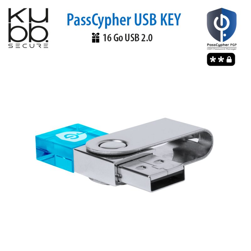 Clé USB PassCypher avec boîtier en métal et cristal bleu