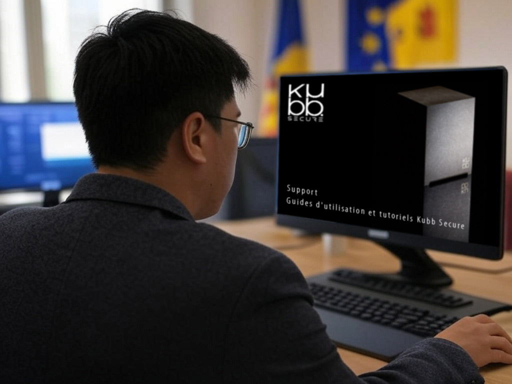 Person using a computer with a screen displaying "Kubb Secure" support guides and tutorials.