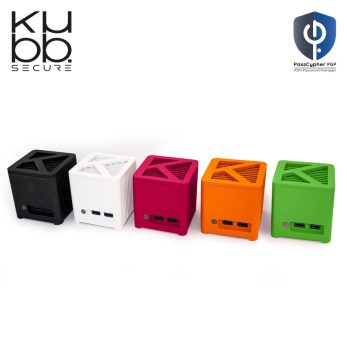 KUBB Secure Mini Fanless en blanc, fuchsia, vert pomme, graphite et orange avec PassCypher HSM PGP - Vue inclinée avant
