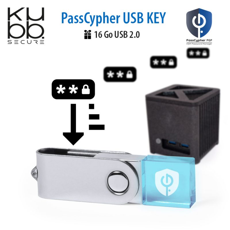 Clé USB PassCypher avec logo gravé sur cristal bleu